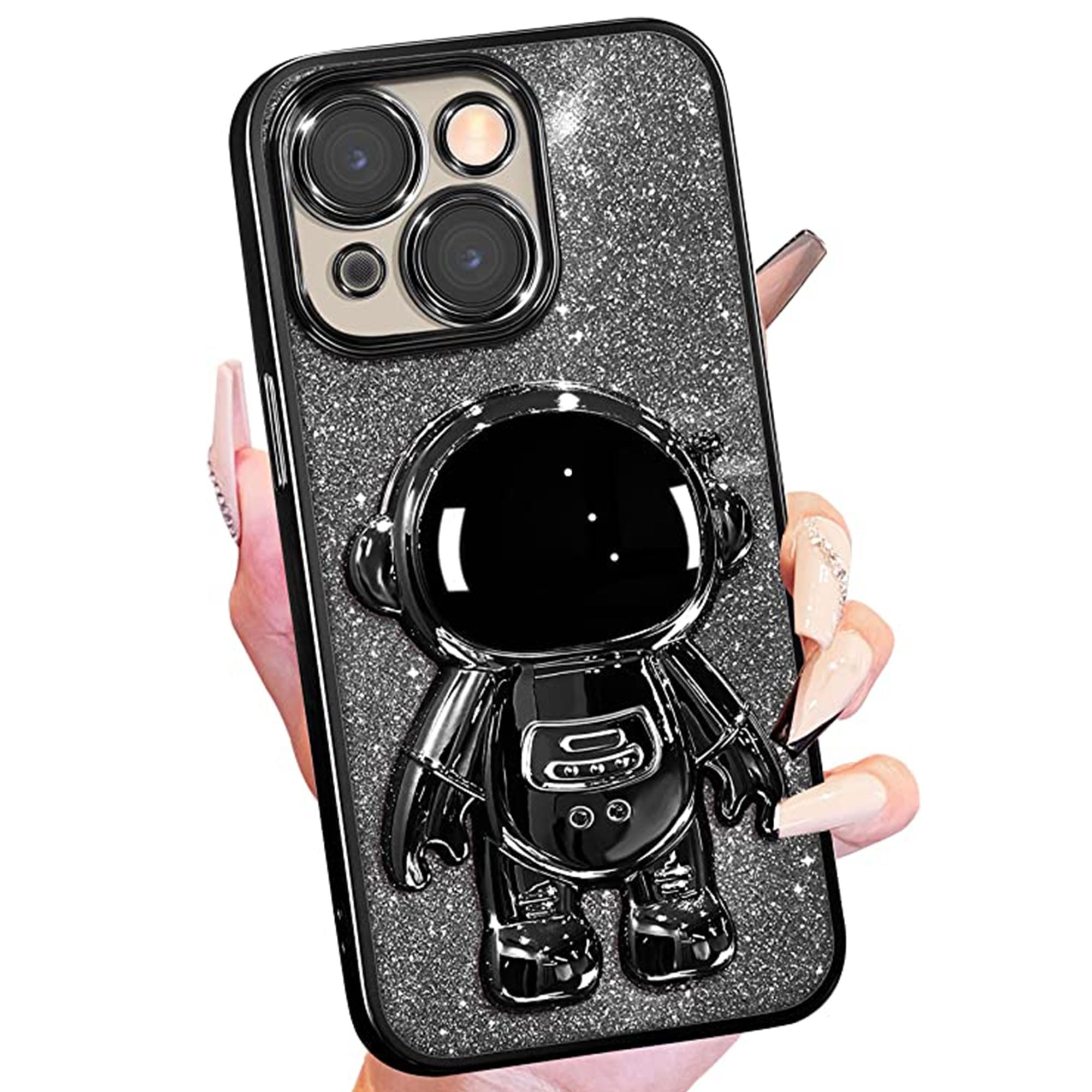 6D Bling Sparkle Astronaut Hidden Stand Case for iPhone 14 Plus 6.7 inch,Astronaut Folding Kickstand iPhone Case with Camera Protector \u0026 Soft TPU \u0026 Shockproof Bumper,Black